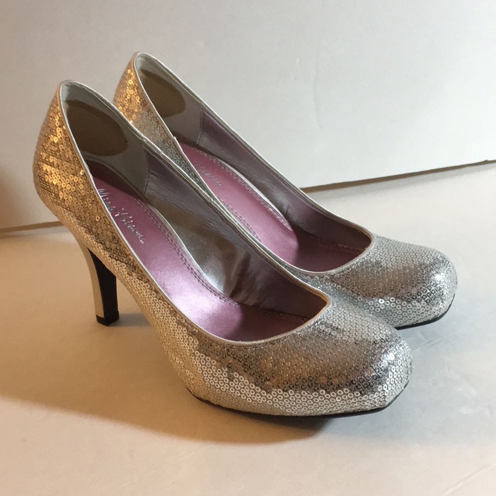 Silver sequin Miss Bisou high heels with round toe